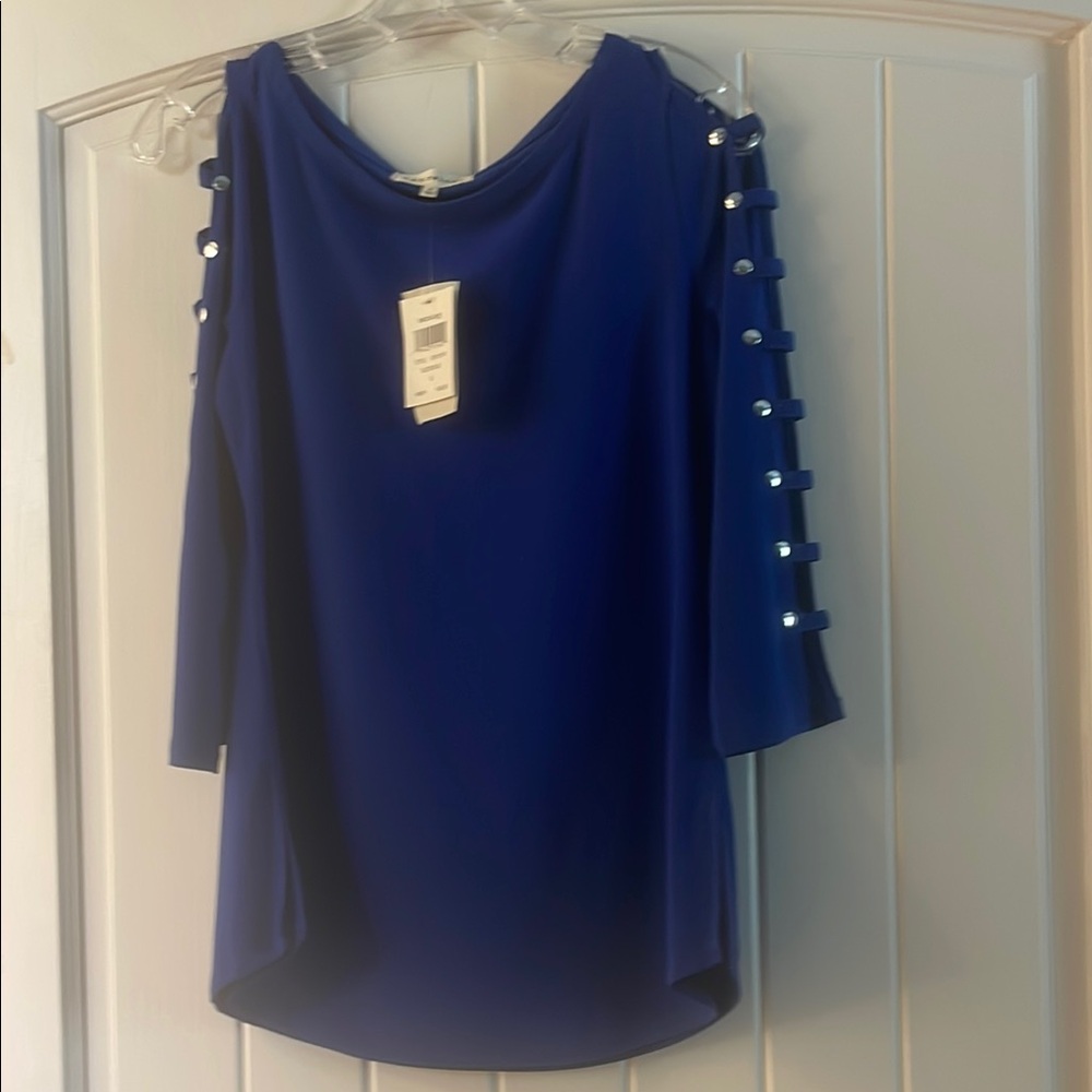 Blue Embellished Blouse with 3/4 Sleeves and Cut Out Details